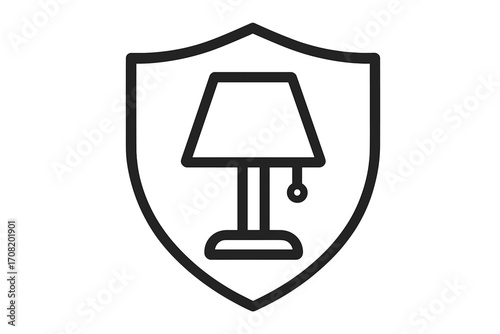 Home insurance icon with lamp and shield. Metaphor for property protection and safety. Minimalistic linear pictogram for security services, interior design, or electricity.