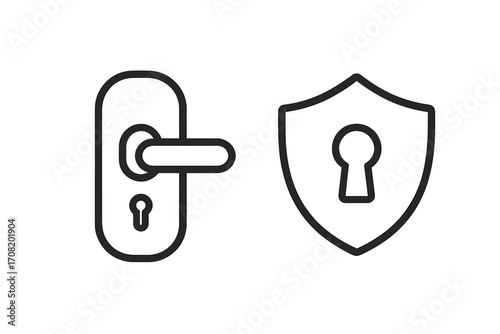Security and protection icon set. Door handle with keyhole and shield with lock symbol. Concept of home safety, privacy, access control, and data protection. Vector line art.
