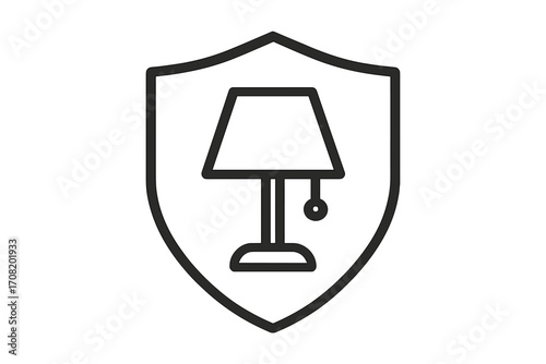 Home security logo concept. Shield with lamp icon. Metaphor for property insurance, safety, protection. Secure house pictogram. Home decor safety. Vector linear graphic.