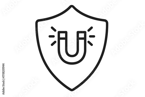 Shield with magnet icon. Metaphor for customer retention, lead generation, and brand loyalty. Inbound marketing concept. Attraction and protection symbol for business. Vector line art.