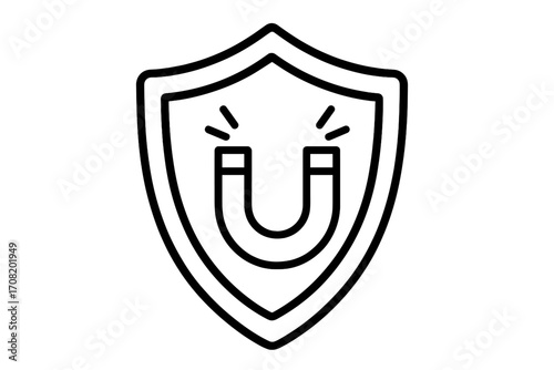 Inbound marketing metaphor with magnet attracting leads and customers. Shield icon for retention, brand protection, and engagement strategy. Security and safety concept.