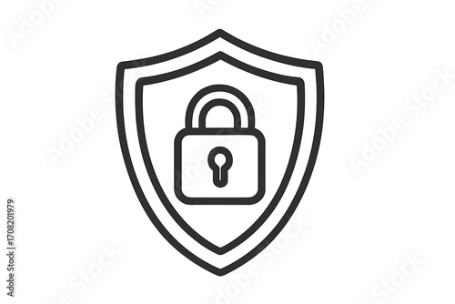 Security shield with padlock linear icon. Protection, safety, and privacy concept. Data defense logo. Cybersecurity outline vector symbol for web, app, and UI design.