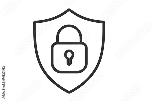 Security shield with padlock icon. Outline vector symbol for protection, safety, and privacy. Concept for data security, cyber defense, and reliable system access guarantee.