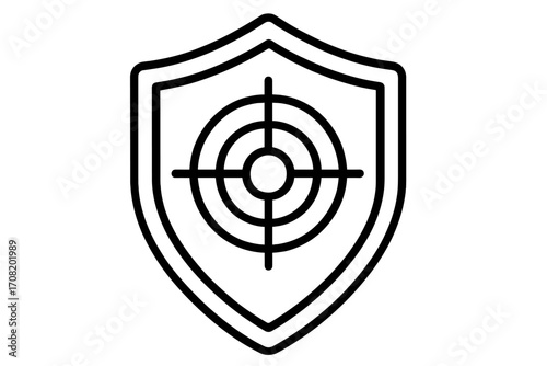 Security shield with target line icon. Metaphor for protection, defense, and safety. Concept of a business goal, aim, mission, focus, and strategy. Vector logo for web.