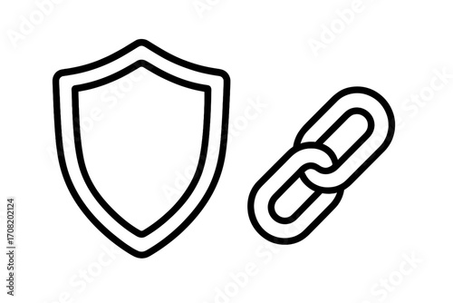 Shield and chain link icon for web security and data protection. Vector symbol of safety, privacy, and connection. Metaphor for VPN, blockchain, and digital defense concept.