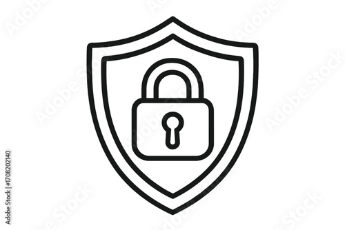 Security shield with padlock icon. Vector symbol of safety, protection, and privacy. Cybersecurity logo concept. Outline illustration for web, data guard, and secure access.