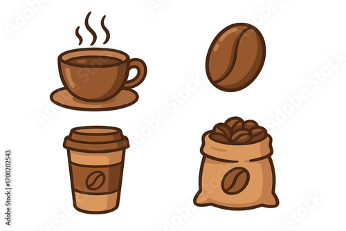 Thin icon set of coffee cup, coffee bean, to-go coffee cup, and sack of coffee beans, vector cartoon illustration for graphics, app concepts, and transparent background design
