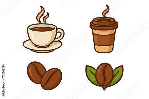 Thin icon set of coffee cup, to-go coffee cup, coffee beans, and coffee bean with leaves, vector cartoon illustration with transparent background for graphics and apps design