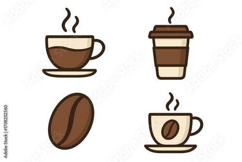 Thin Coffee Icon Set for Graphics and Apps, Vector Cartoon Illustration with Transparent Background, Includes Coffee Cup, Coffee Bean, and Takeaway Coffee Cup, Minimalist Design