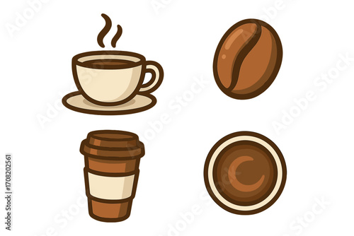 Coffee icons set with steaming cup, coffee bean, takeaway cup, and coffee top view vector cartoon illustration for graphic design, app concepts, and digital use