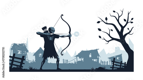 The Archer's Perch: An archer, bow drawn in precise aim, stands ready, set against a stylized landscape of dilapidated houses and a barren tree, with a sense of anticipation.