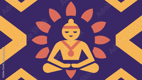 Stylized Figure in Meditation Pose with Sunburst Pattern on Purple and Orange Background yoga spiritual