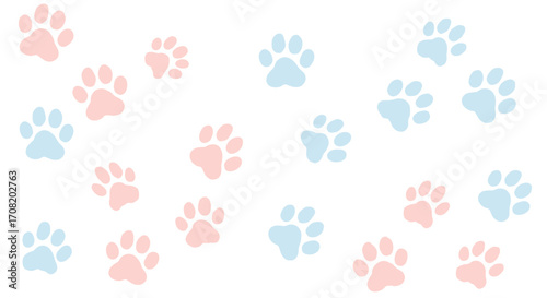 Watercolor vector illustration cat or dog paw prints pink and blue on white background - animal track svg