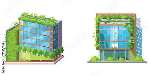 Building entirely covered with a lush vertical garden and integrated green roofs Vector art design