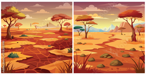 African savanna soil dry and compacted with sparse grasses and acacia trees Vector art design