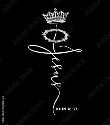 Jesus King, John 18:37 Christian t shirt design with cross lettering. "Art thou a king then" - creative church banner design. Vector illustration