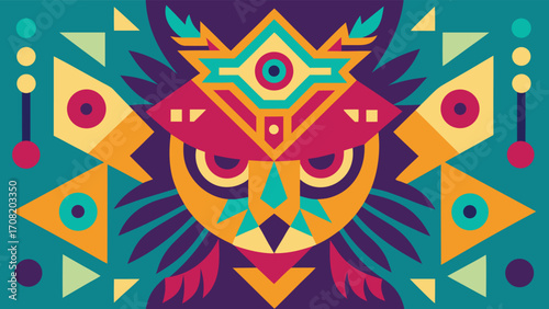 Stylized Geometric Owl Face With Teal Background abstract