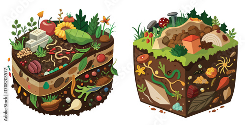 Compost heap showing organic matter in various stages of decomposition Vector art design