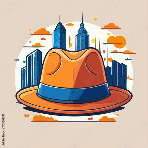 Orange Fedora Hat Against City Skyline Illustration