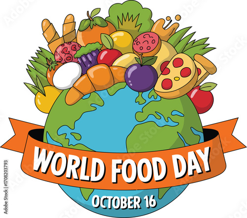 Vibrant illustration of diverse foods encircling the globe to celebrate World Food Day
