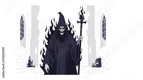 Mysterious figure: A haunting illustration of a cloaked figure shrouded in flames, standing amidst an empty hall. 
