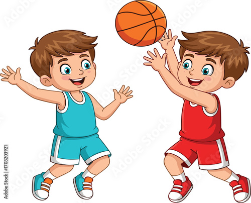 Cartoon boys playing basketball, kids sports, active children, jumping action, teamwork, fun game, youth fitness, outdoor activity, smiling players, energy
