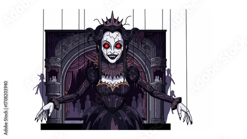 Sinister Queen of Darkness: An eerie illustration depicts a malevolent queen, adorned with a crown and intricate dress, her chilling gaze locked onto the viewer