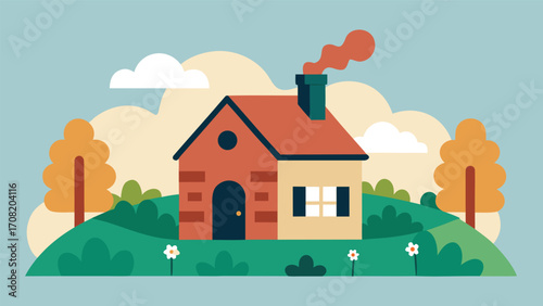 Charming country cottage illustration with vibrant flower beds and autumn trees