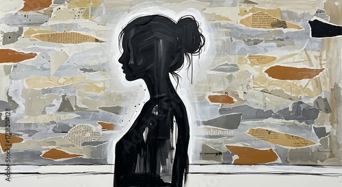 A profile view of a woman, depicted in bold black silhouette, gazes thoughtfully out, framed by a textured backdrop of muted colors and layered collage elements.