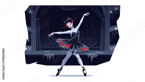 The Enigmatic Ballerina on Stage: A captivating ballerina, attired in a black tutu and pointe shoes, commands the stage with an air of mystery and grace, her presence amplified by dramatic lighting.