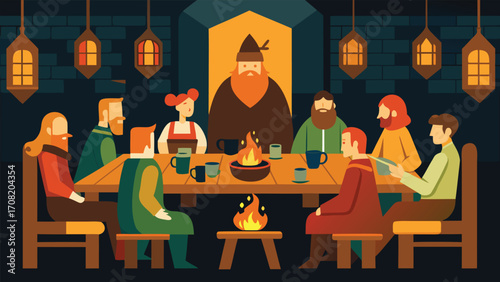 Cozy medieval tavern gathering around roaring fire festive feast warm atmosphere vector illustration