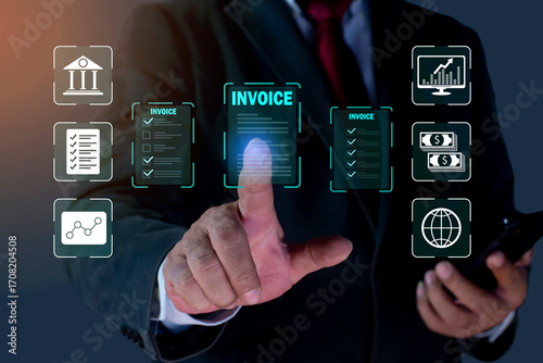 Business person using  smartphone invoice, E-invoice and online digital statements concept. payment processing, tax management, modern e-invoicing, financial technology.