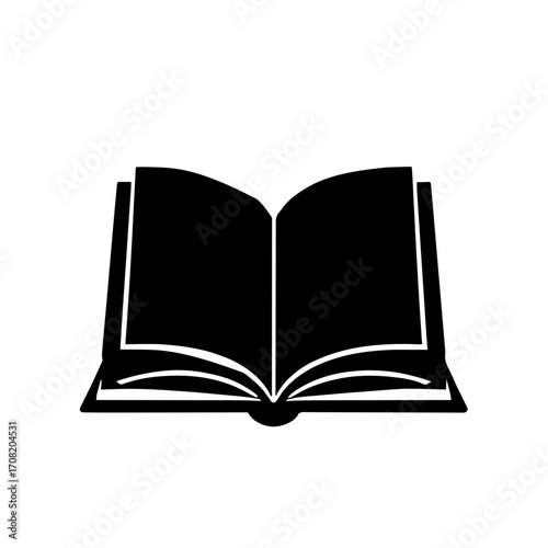 Minimalist black silhouette of an open book with educational lines on a white background