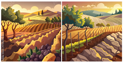 Mediterranean vineyard soil sunlit and well drained with small stones and fine texture Vector art design