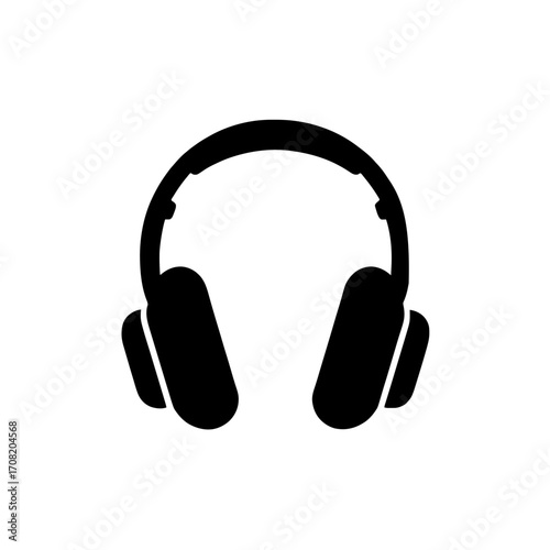Minimalist black silhouette of headphones on a plain white background