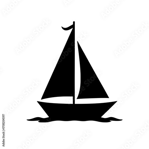Minimalist black silhouette of a sailboat with triangular sail on white background