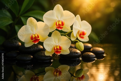 White Orchid Flowers with Red Centers on Black Stones Reflected in Water at Sunset
