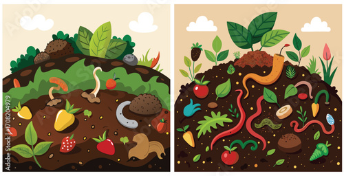 Organic fertilizer thoroughly mixed into dark moist soil Vector art design