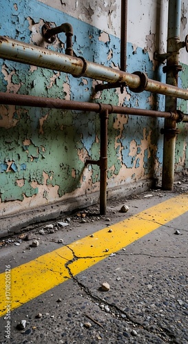 Rusted pipes traverse a weathered wall, with a bright yellow stripe marking the floor of an abandoned industrial space.