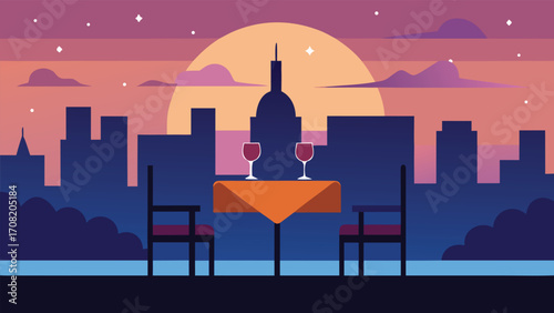 Romantic rooftop dinner for two with city skyline and sunset backdrop vector illustration