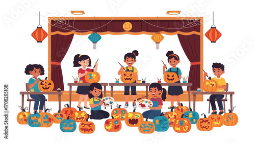 Creative Carving: A vibrant illustration captures children enthusiastically carving pumpkins, a quintessential scene of Halloween fun and artistic expression.