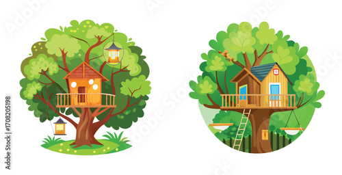 Secluded treehouse nestled high in the lush forest canopy with wooden deck Vector art design