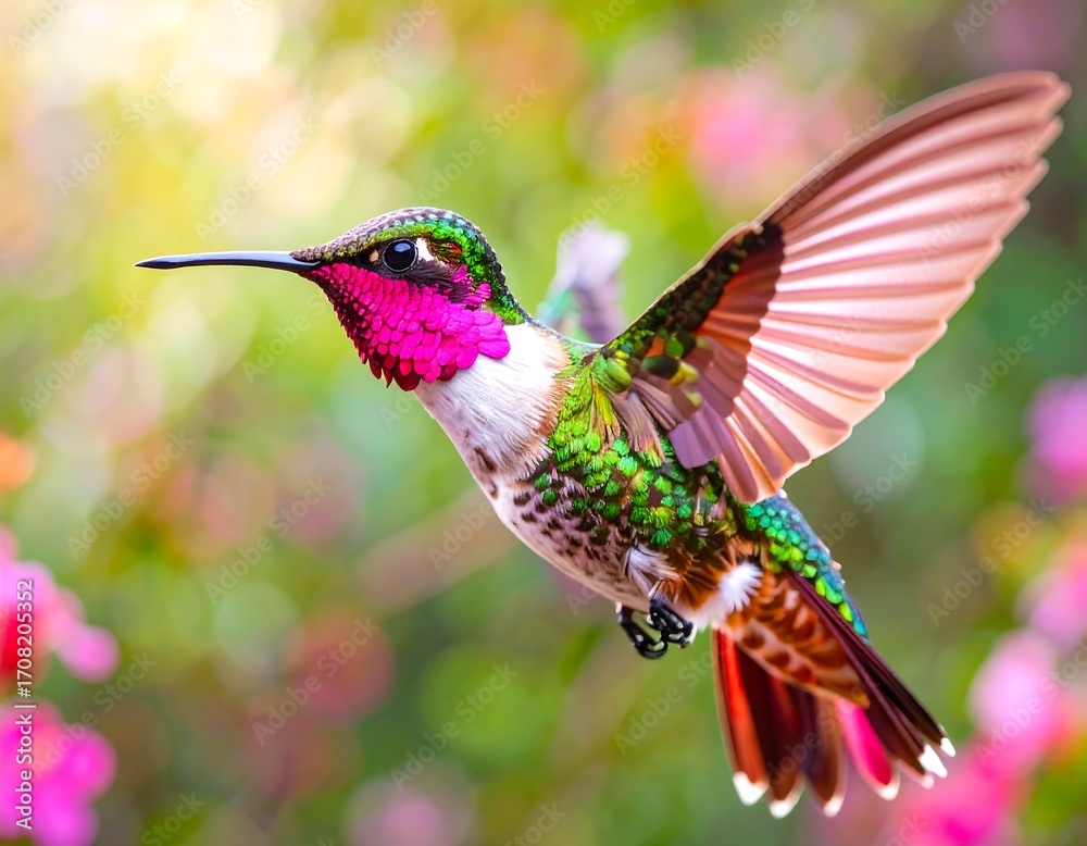 Fototapeta premium Vibrant hummingbird in flight, surrounded by flowers