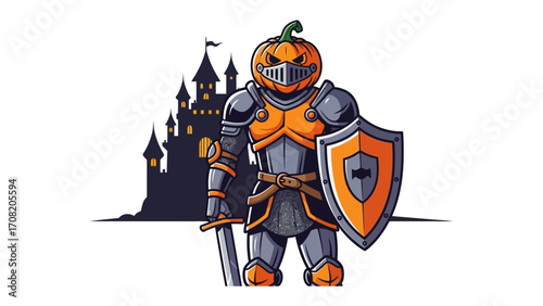 Halloween Knight: A formidable pumpkin-headed knight stands poised, sword in hand, before a gothic castle, a symbol of Halloween's spectral charm and the blend of bravery with mystery.