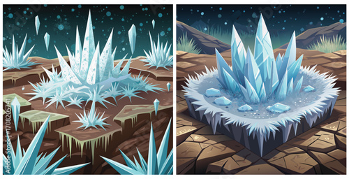 Soil surface covered with delicate frost crystals glimmering in soft morning light Vector art design