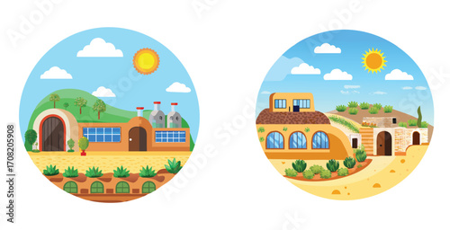 Sustainable earthship homes built in harmonious natural landscape with green roofs Vector art design