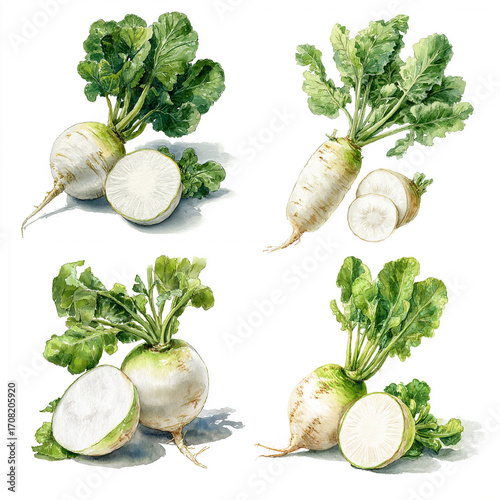 Hand-painted watercolor illustration of radish set, with whole root and halved piece showing crisp white flesh, detailed botanical style on white background.