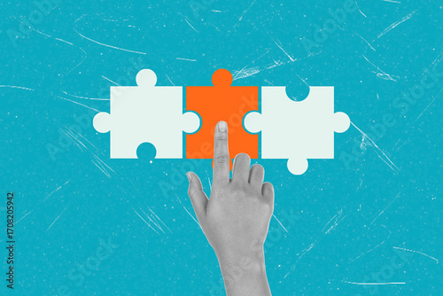 Art collage, Hand placing a puzzle piece in a creative and colorful background during a fun and engaging activity