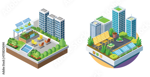 Vibrant rooftop garden atop a modern urban building with flowering plants Vector art design