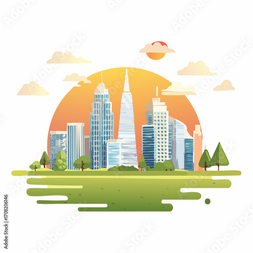 Cityscape at sunrise morning landscaped vector illustration graphic design